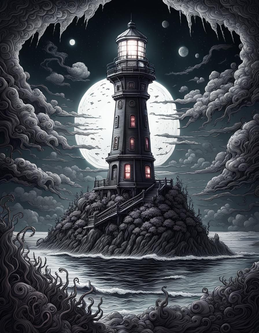 Lovecraftian Lighthouse in Detailed Ink Illustration