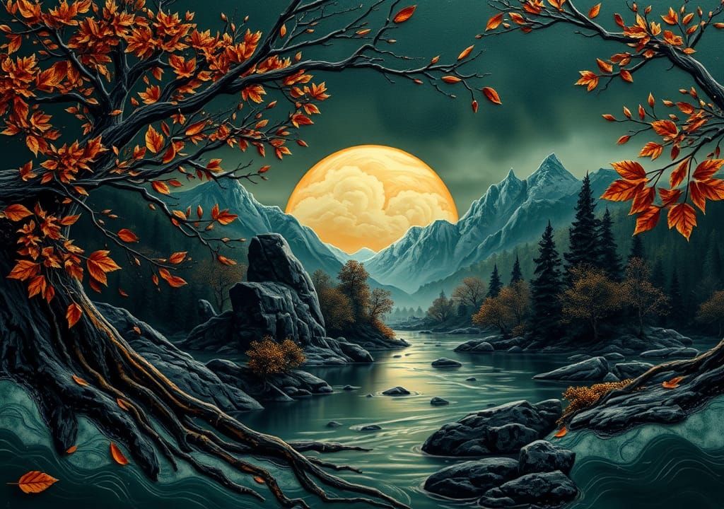 Embossed Black Marble Autumn Forest Sunset Art