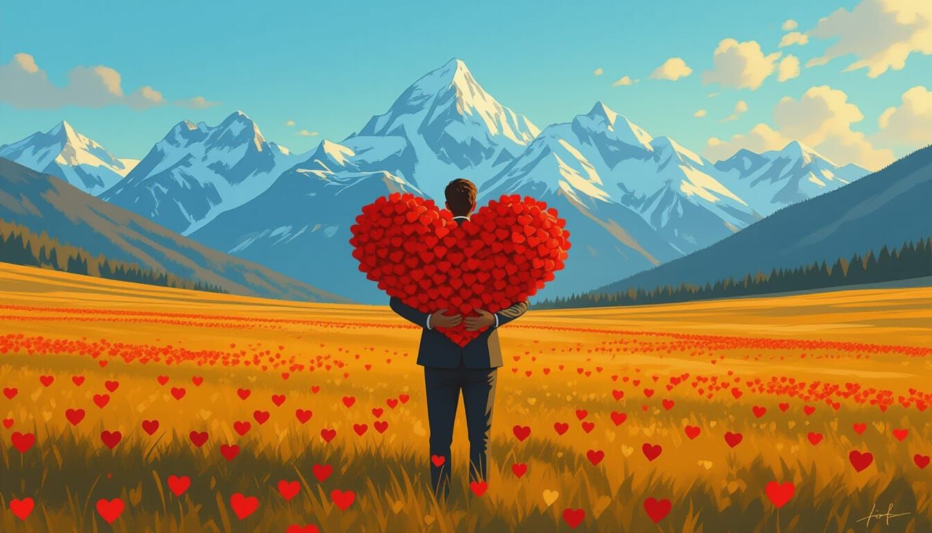 Man Holding Hearts in Mountain Landscape, Golden Hour Glow
