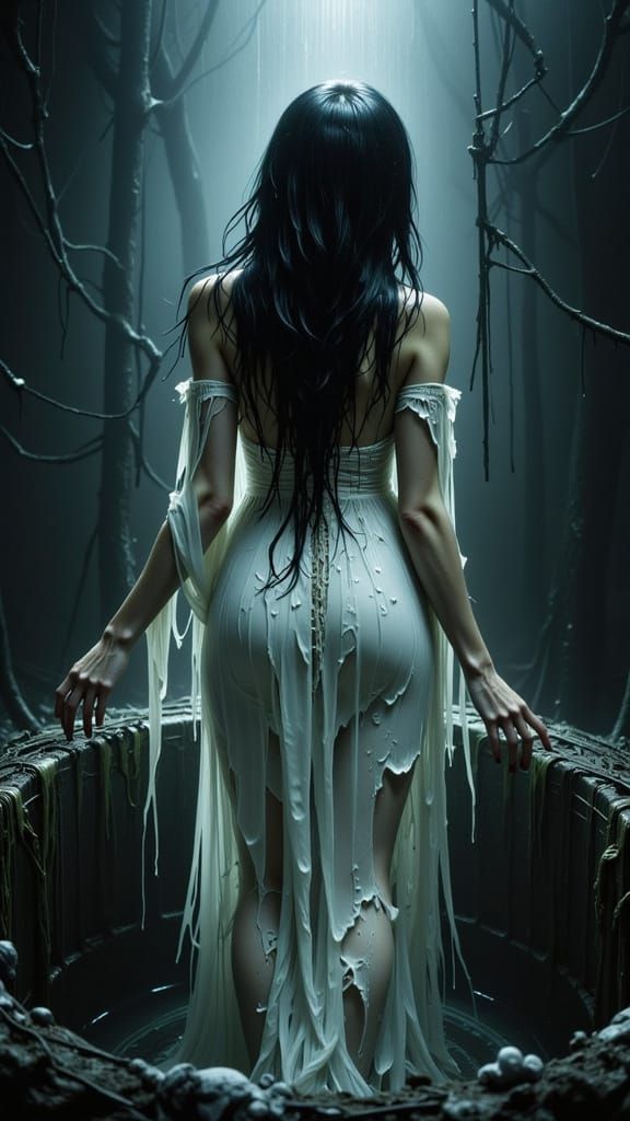 Sadako Emerging from Well in Eerie Atmosphere