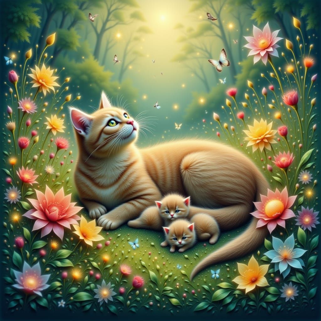 Mother Cat and Kittens in Magical Field