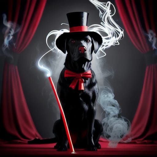Hyperrealistic Black Lab Magician on Stage