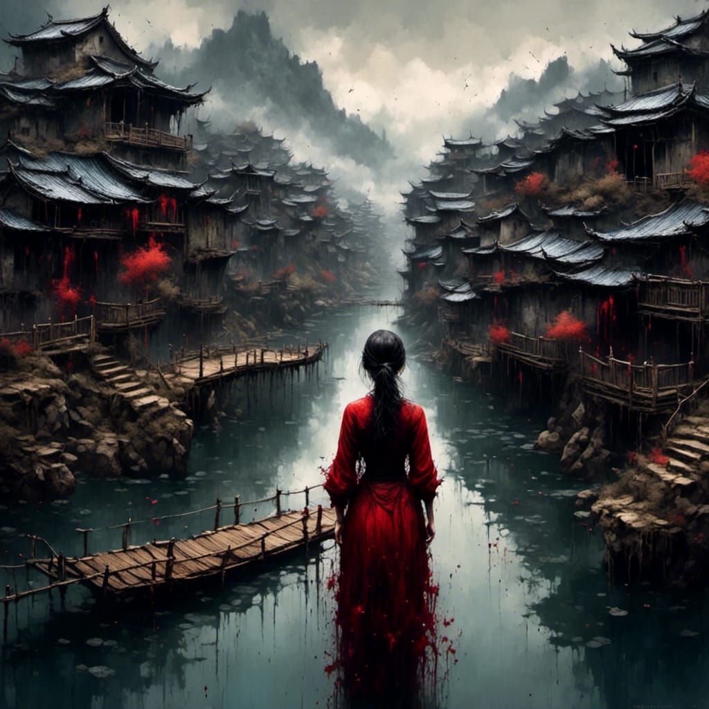 Guizhou Water Village: Woman on Bridge