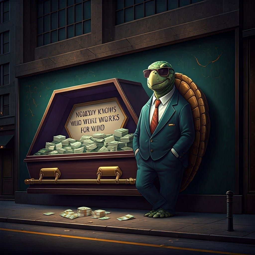 Whimsical Anime Billboard with Turtle and Coffin of Cash