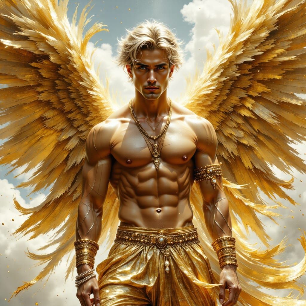 Angel with Gold Wings in Digital Oil Painting