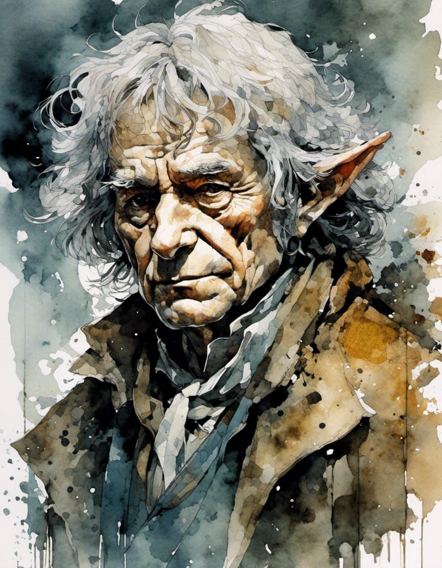 Watercolor Portrait of Old Hobbit Bilbo
