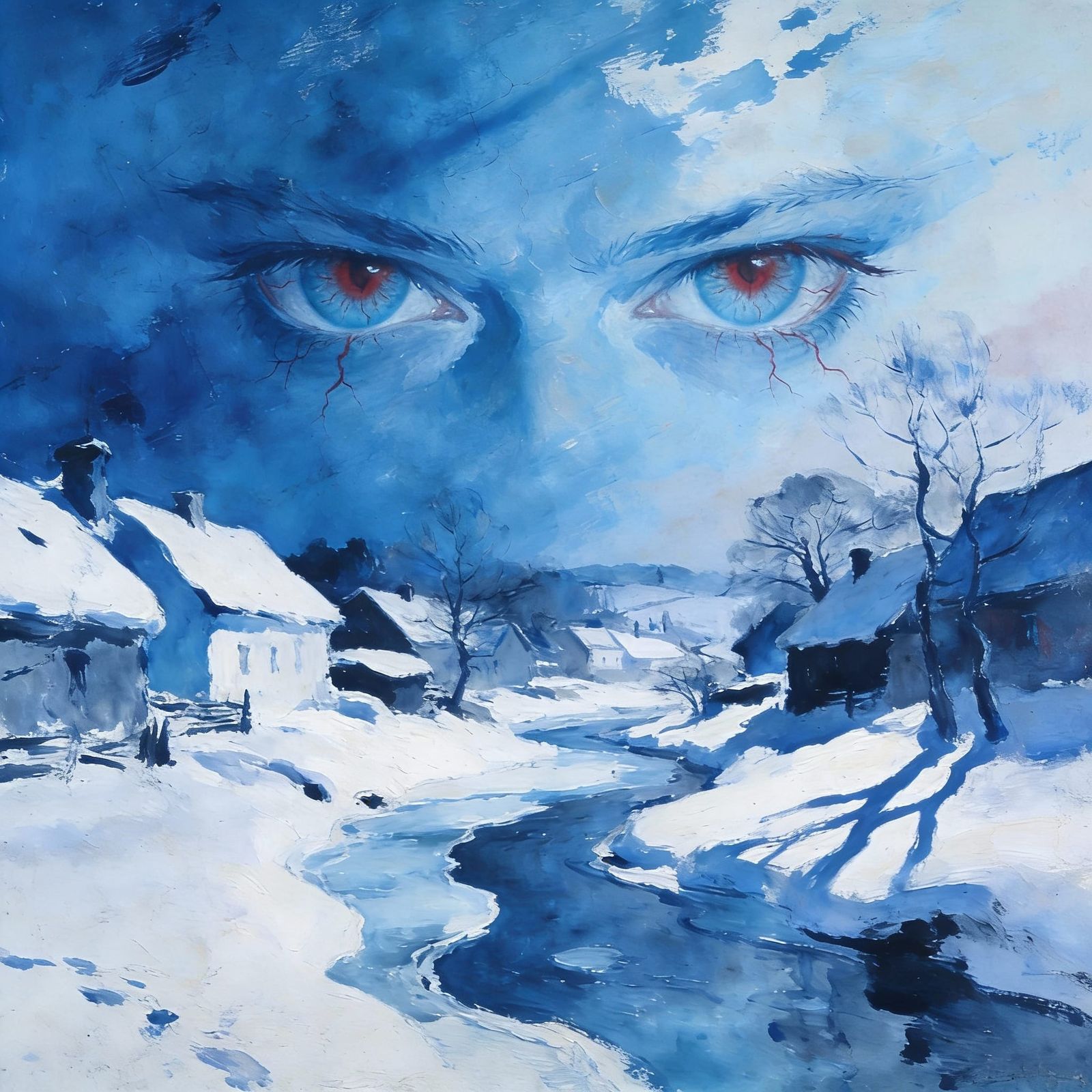 Sinister Eyes Watch Over Snowy Village in Surreal Style