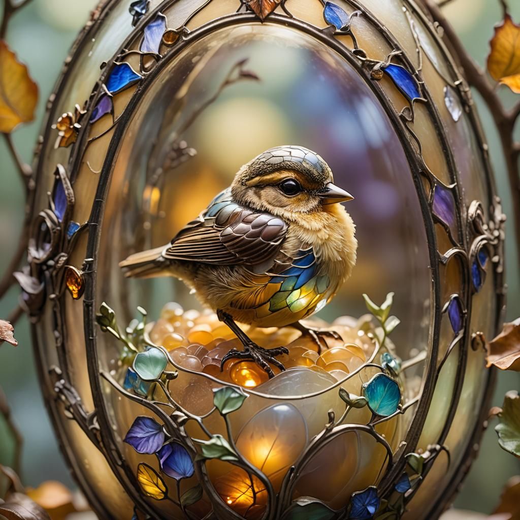 Little baby bird sitting in a dream catcher