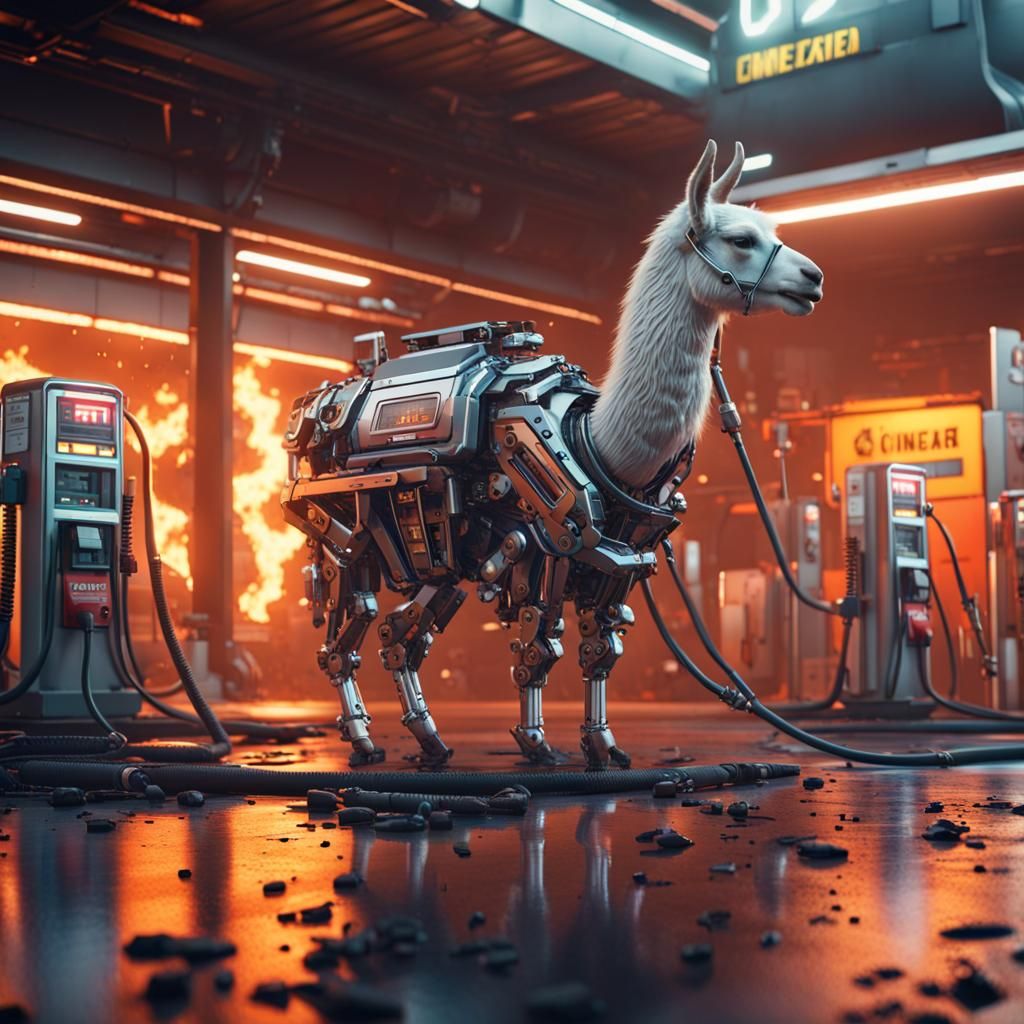 Mech Llama Attacks Petrol Station in Sci-Fi Style