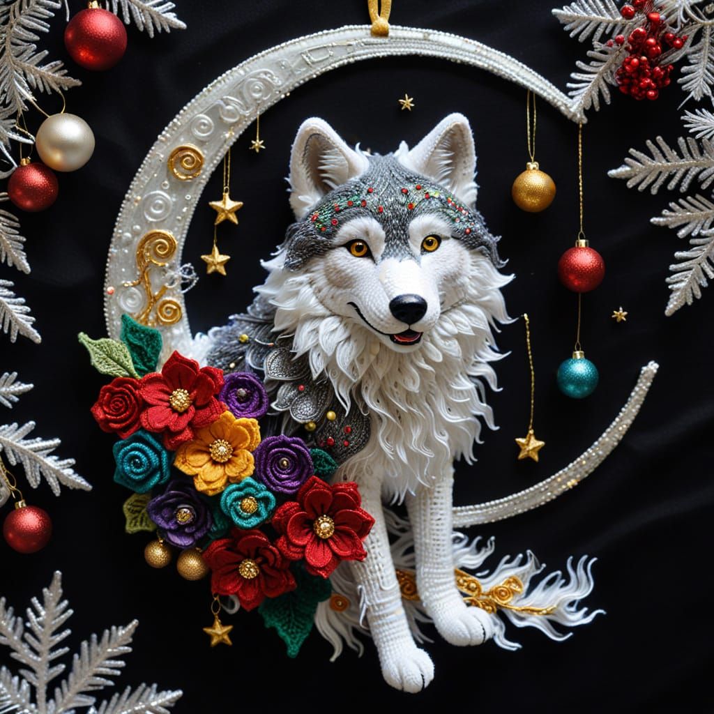 Klimt Style Crochet Wolf Portrait with Celestial Elements