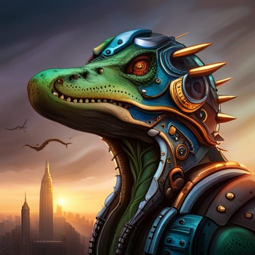 Steampunk Robotic Dinosaur with Intricate Mustache