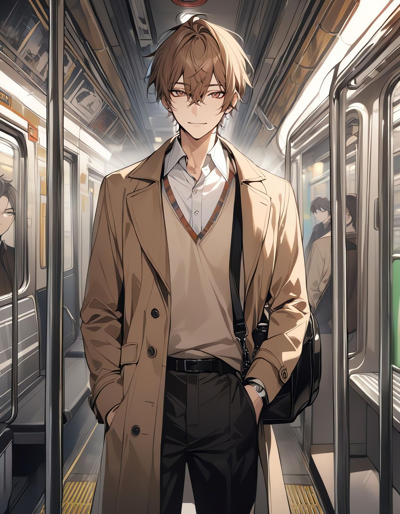 Smiling Bishounen in Subway Train with Brown Trench Coat