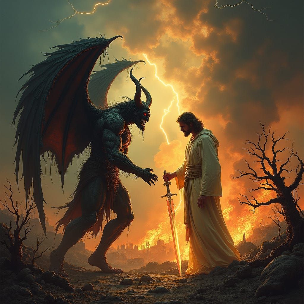 Apocalyptic Clash: Horned Devil Confronts Golden Jesus in a...
