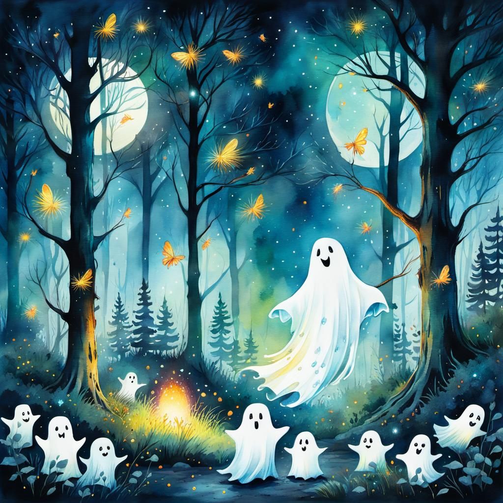 Whimsical Ghosts Play in Enchanted Forest, Watercolor