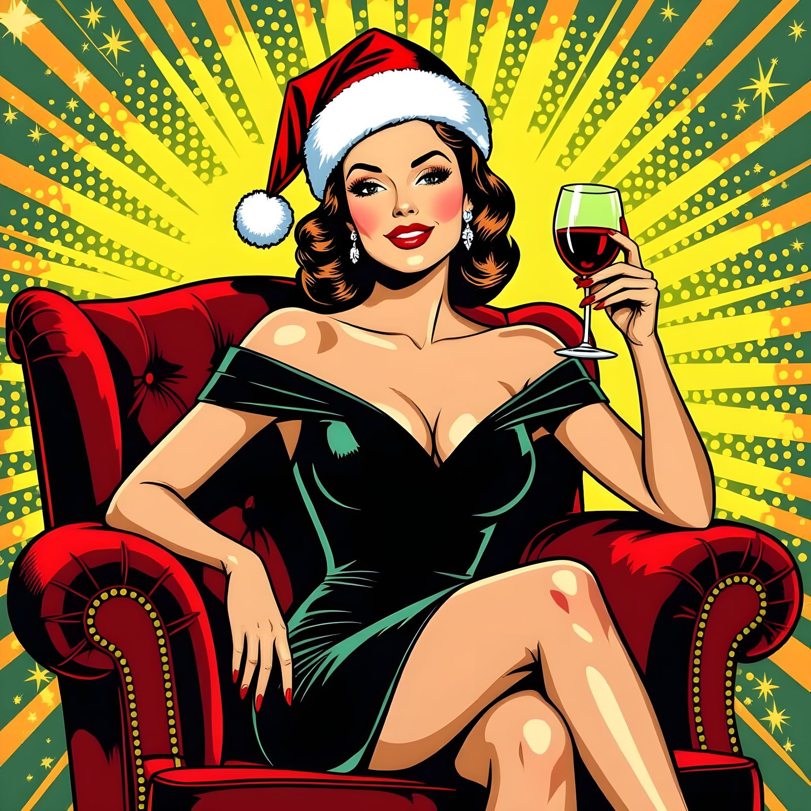 Retro Lady in Santa Hat with Wine, Pop Art Comic Style