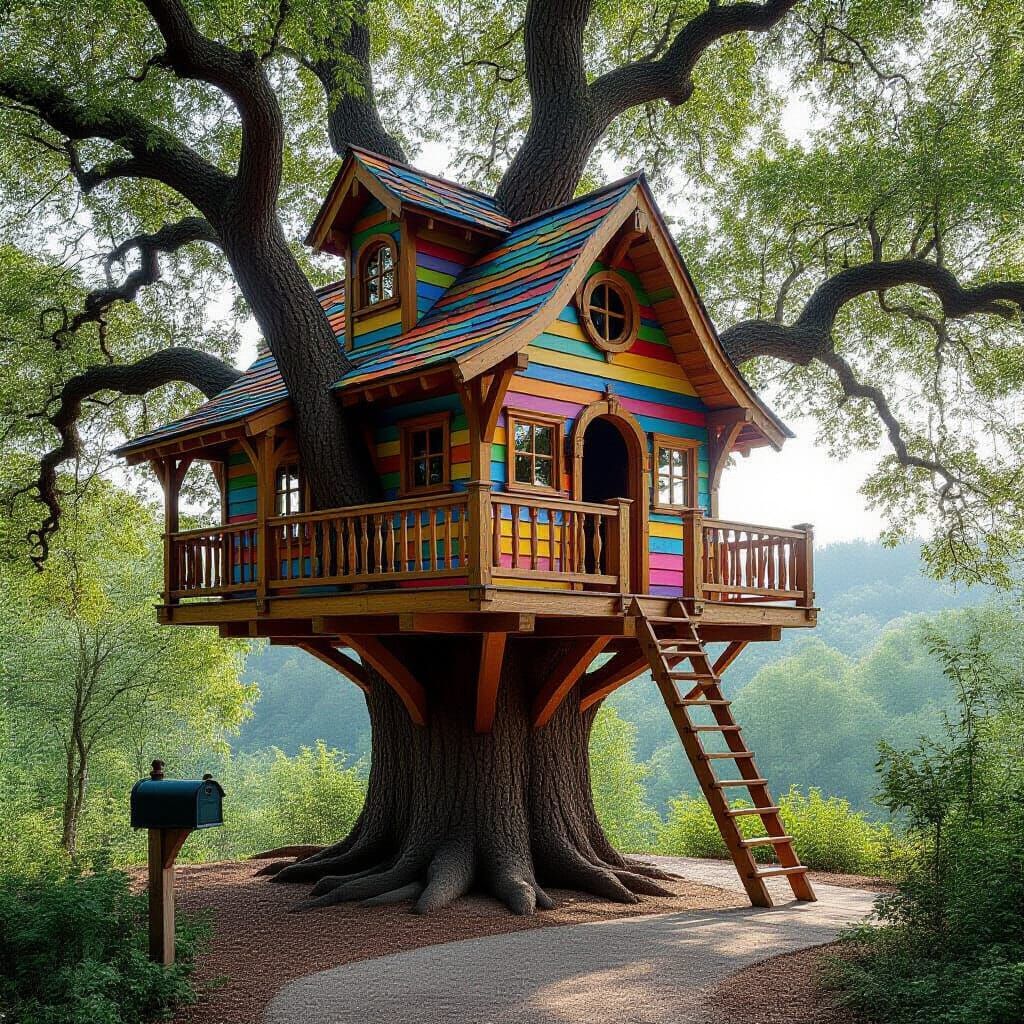 Colorful Treehouse in Majestic Oak, Fantasy Psychedelic Styl...