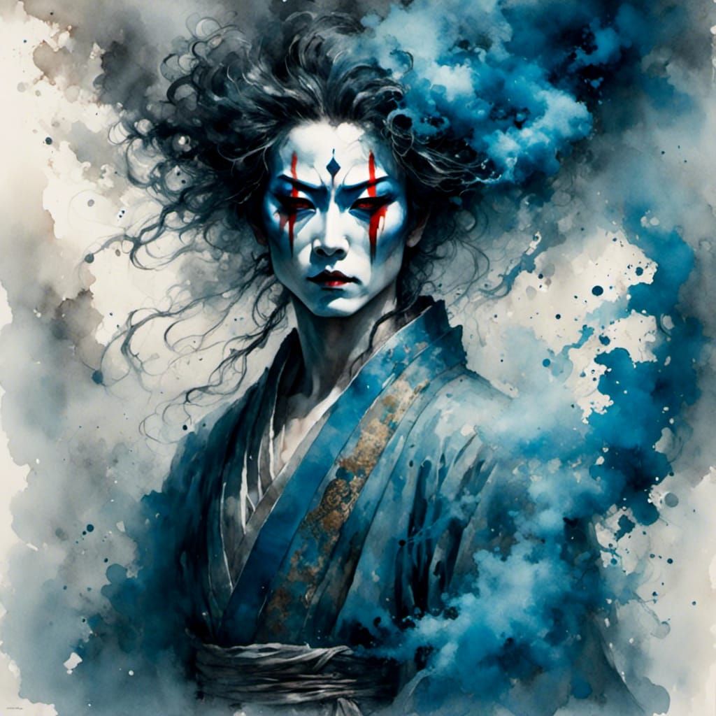 Blue Kabuki Actor Emerging from Smoke in Watercolour Style