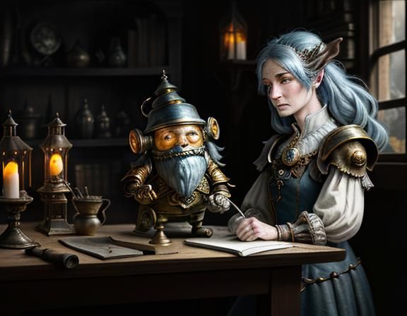 Gnome Repairs Automaton: Dark Fantasy Concept Art