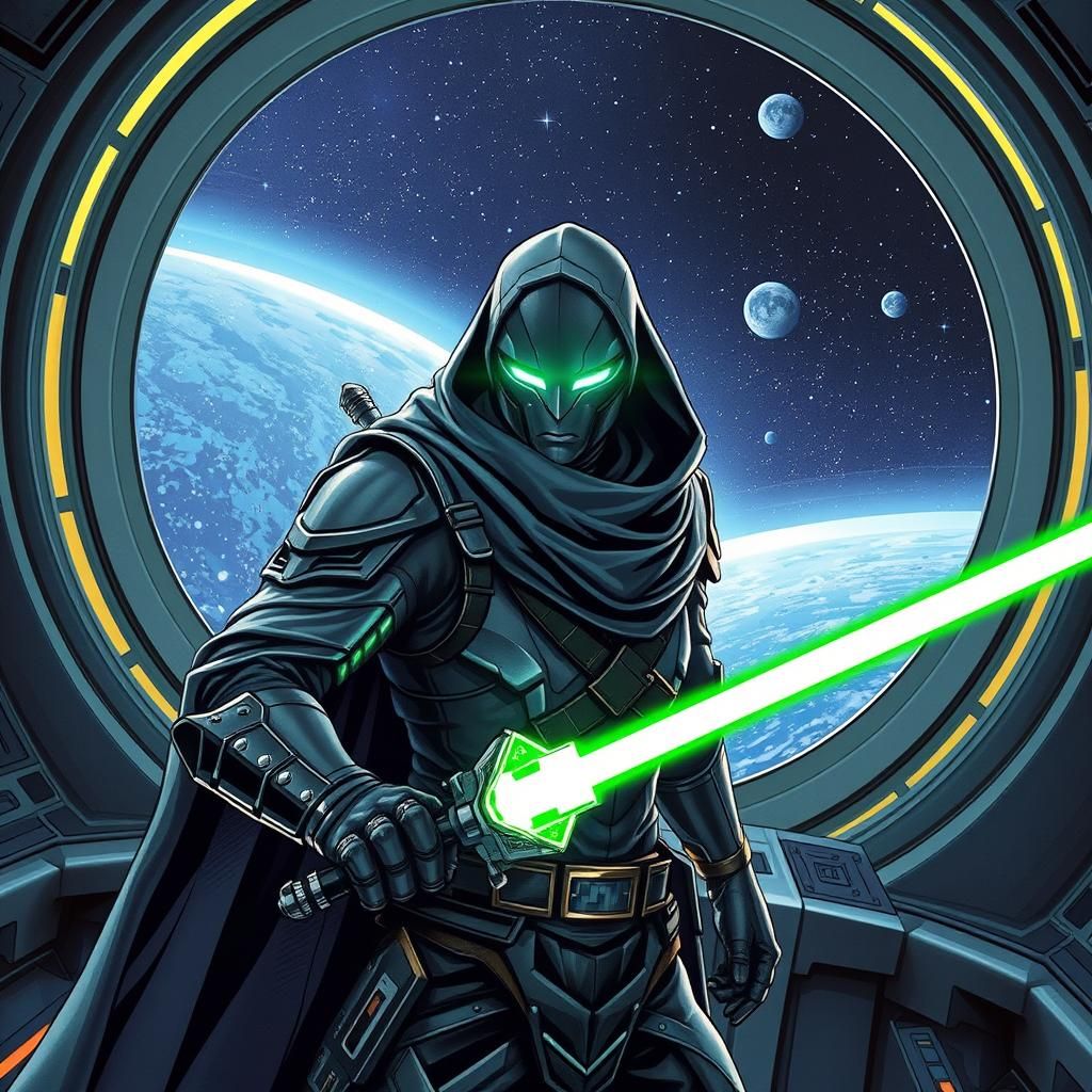 Futuristic Warrior Awaits Attack on Spaceship Bridge