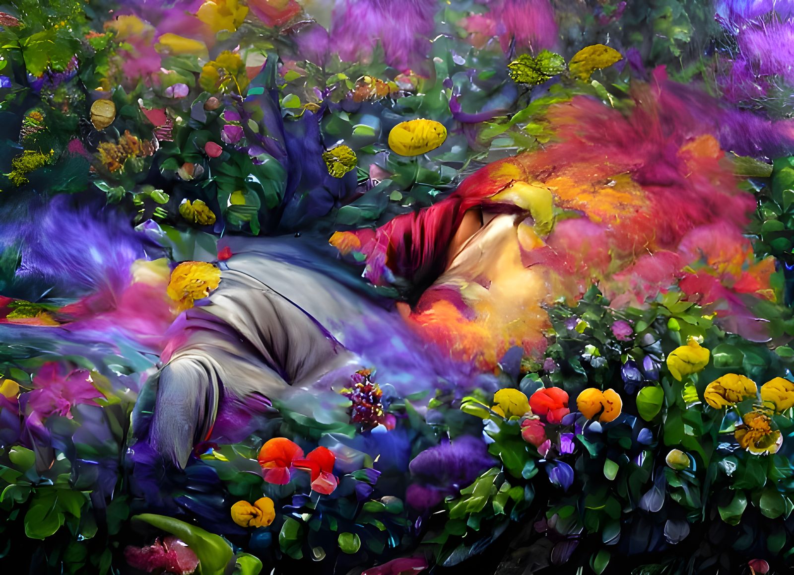 Man Asleep in Floral Bed: Mystical Fantasy Art