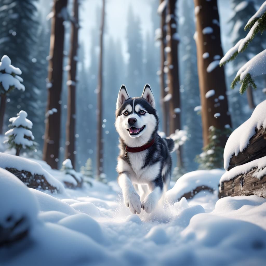 Adorable Husky Playing in Snowy Forest