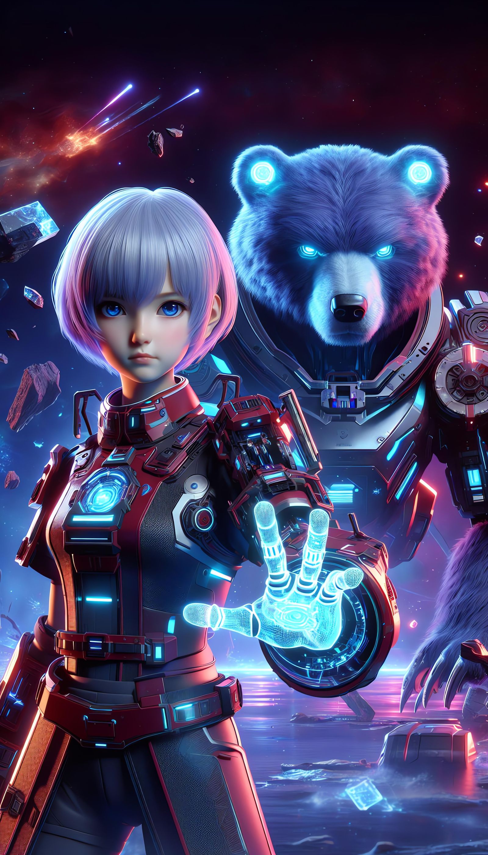Futuristic Girl Summons Holographic Bear in Cosmic Scene