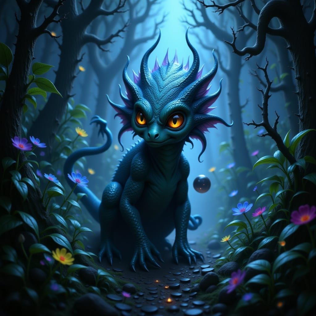 Fantastical Creature in Bioluminescent Forest Digital Painti...