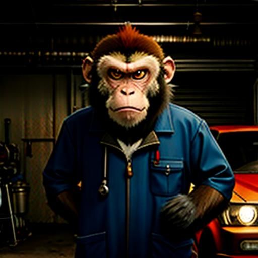Grumpy Monkey Mechanic in Garage
