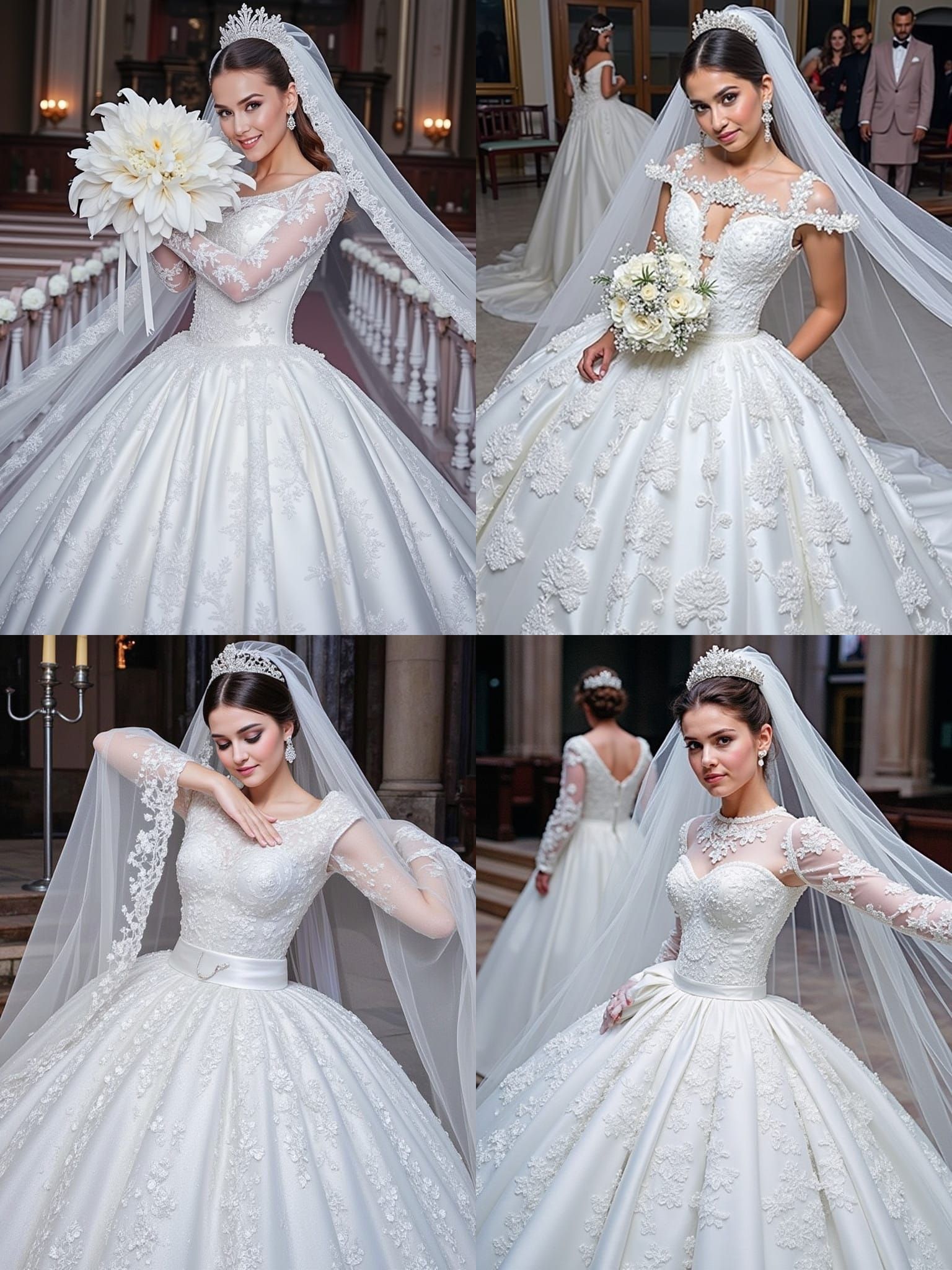 Bride in White Satin Wedding Dress in Church