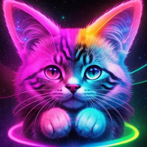 Cosmic Cat Holographic Illustration in Synthwave Style