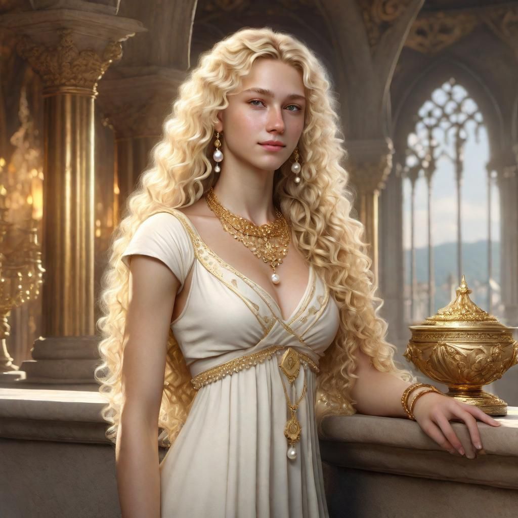 Beautiful Woman with Gold and Pearls, Fantasy Art