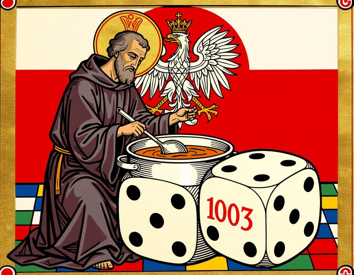 Monk Stirring Pot on Giant Die in Polish Colors