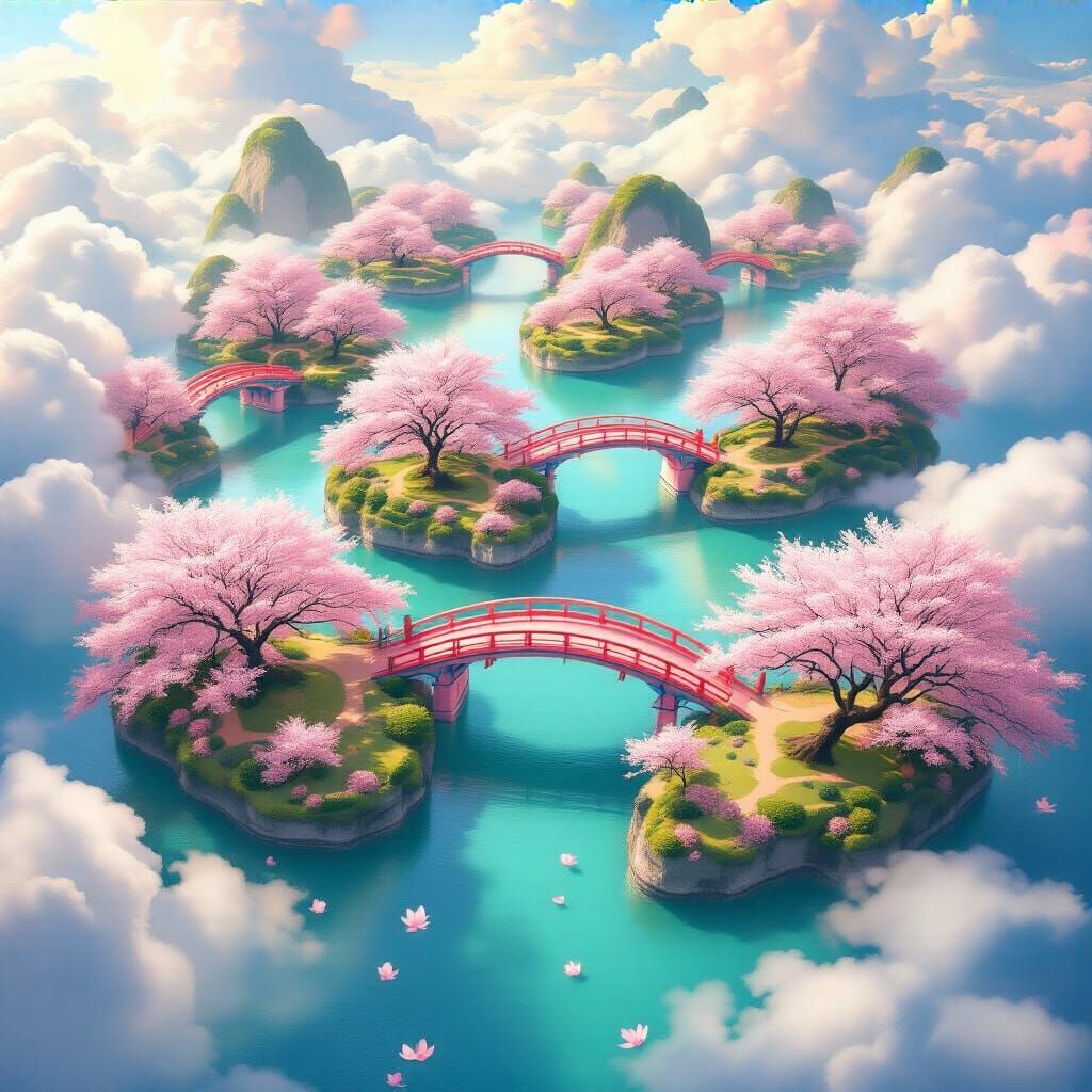 Floating Cherry Blossom Islands: Top-Down Dreamy Landscape