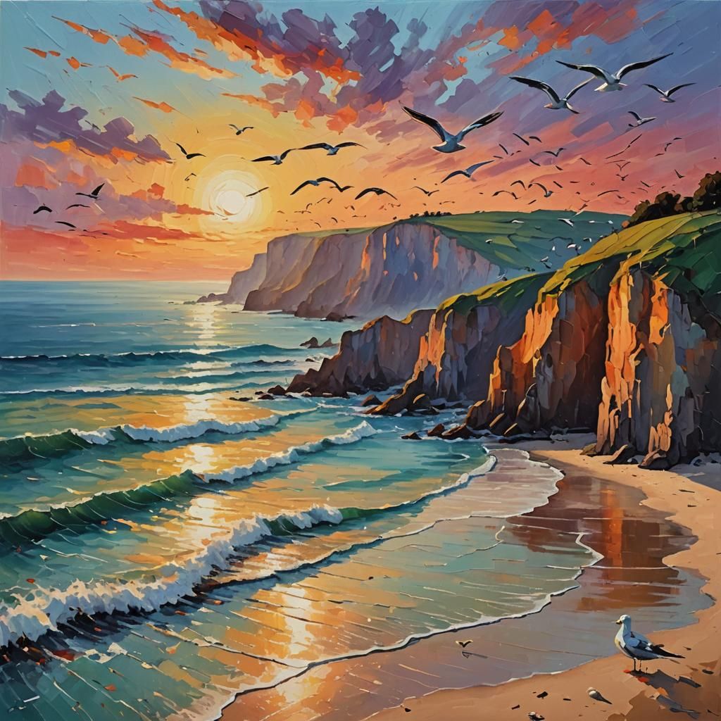 Seagulls at Sunset: Neo-Impressionist Beachscape