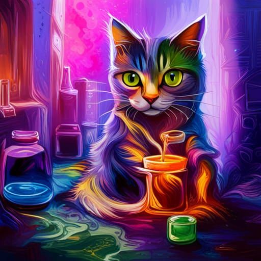Mystical Potion Cat in Vivid Graffiti Art Style