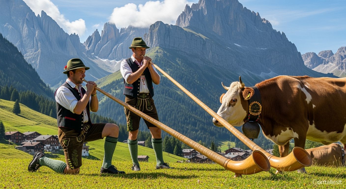 Alpine Musicians Play Alphorns with Cow in Swiss Alps