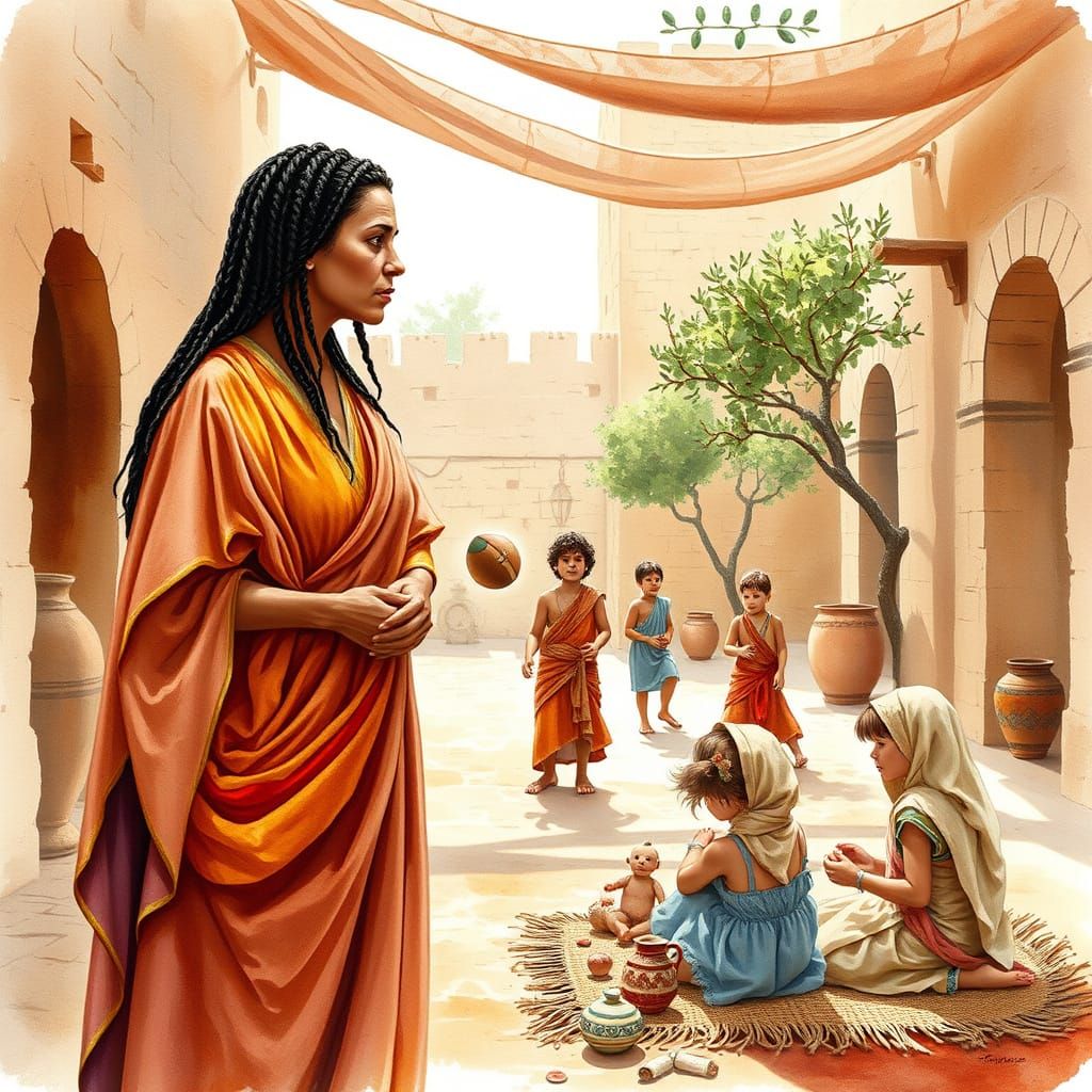 Biblical Mother and Children in Watercolor Style
