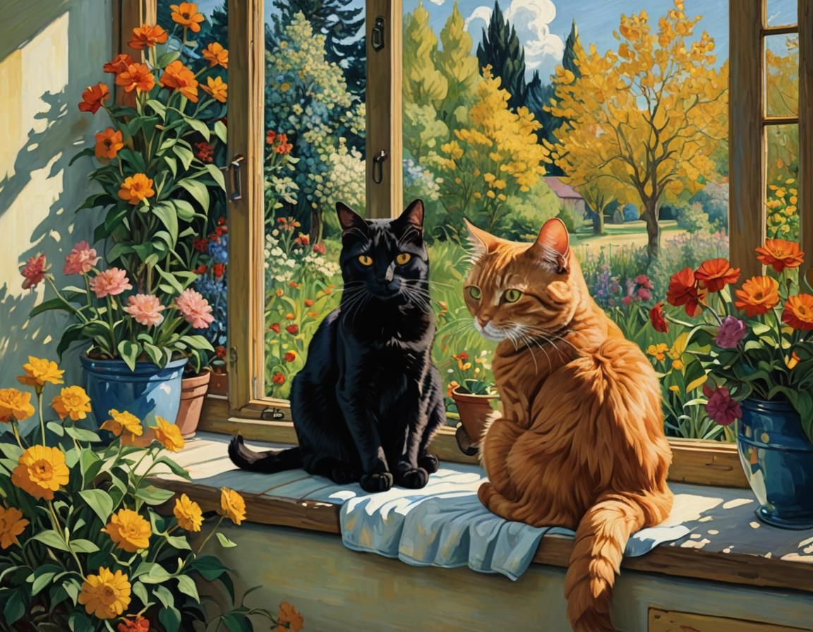 Cats in Garden, Van Gogh Inspired Painting