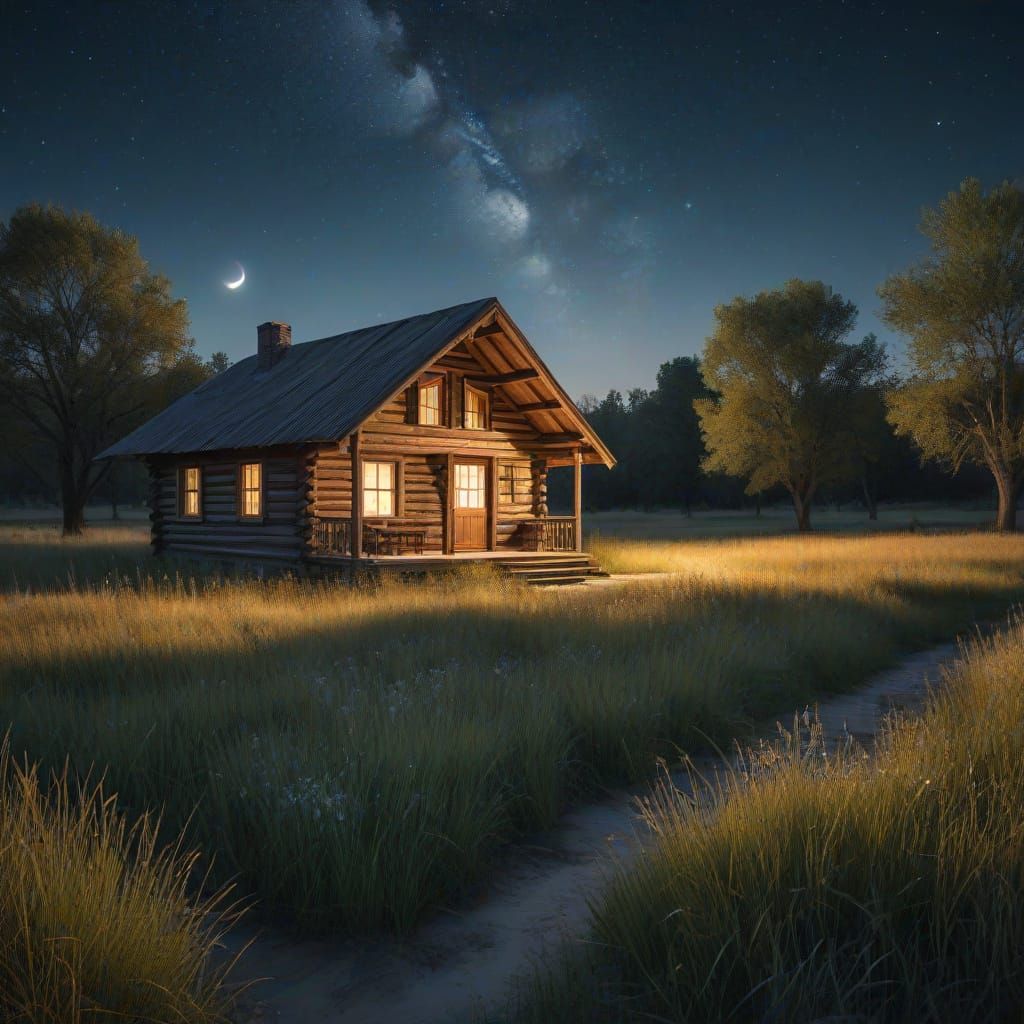 Vast Prairie Landscape at Night with Twinkling Stars