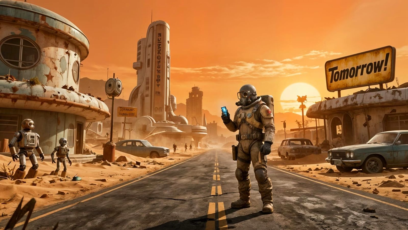 Retrofuturistic Wasteland Under Nuclear Sunset