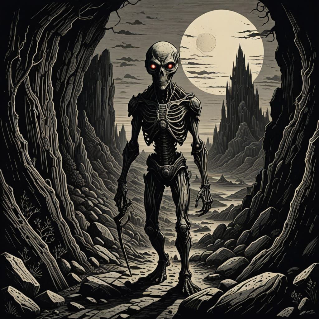 Grey Alien in Ancient Landscape, Woodcut Engraving Style