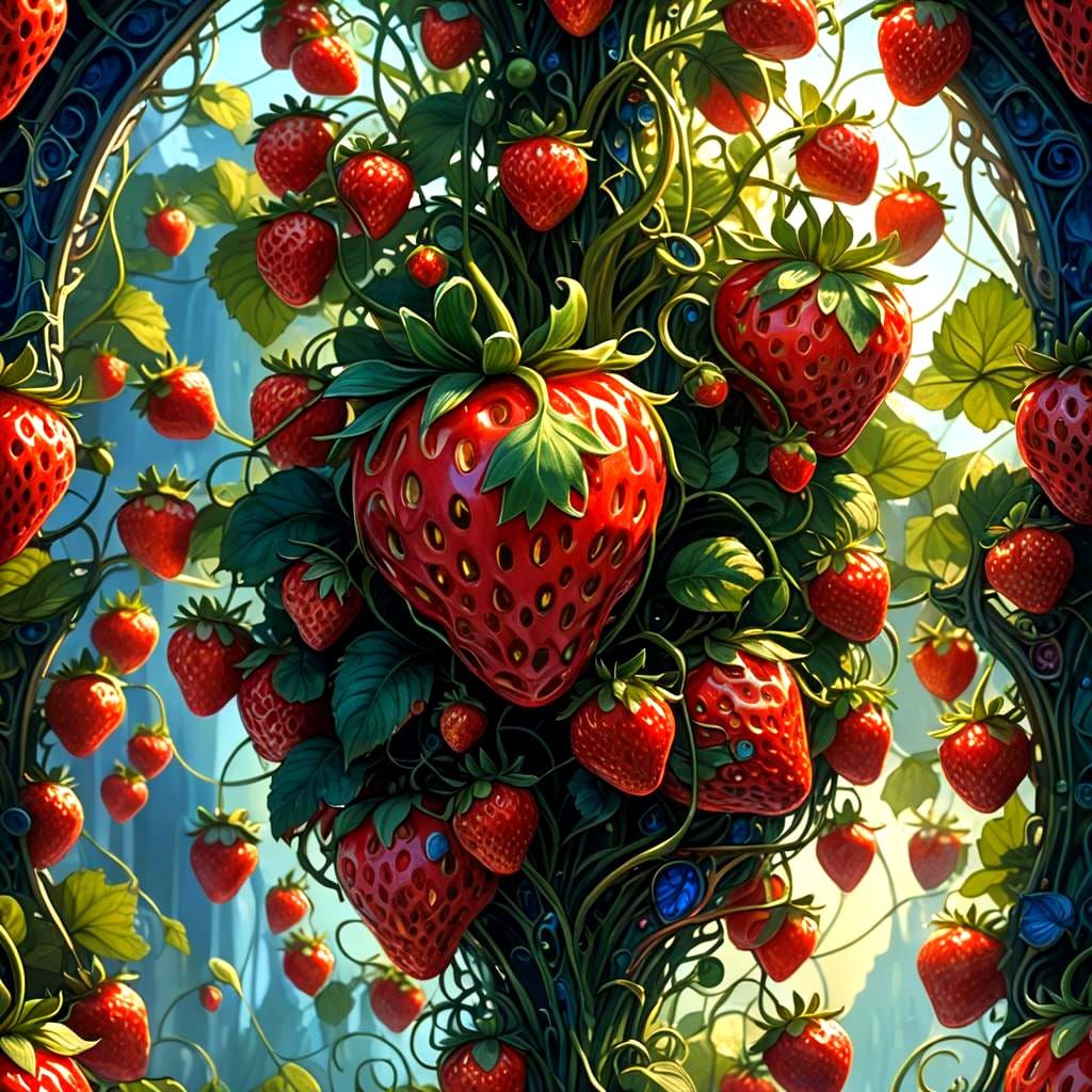 Mutated Strawberry with Cute Face in Detailed Painting