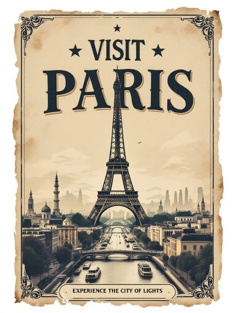 Vintage Paris Travel Poster with Eiffel Tower