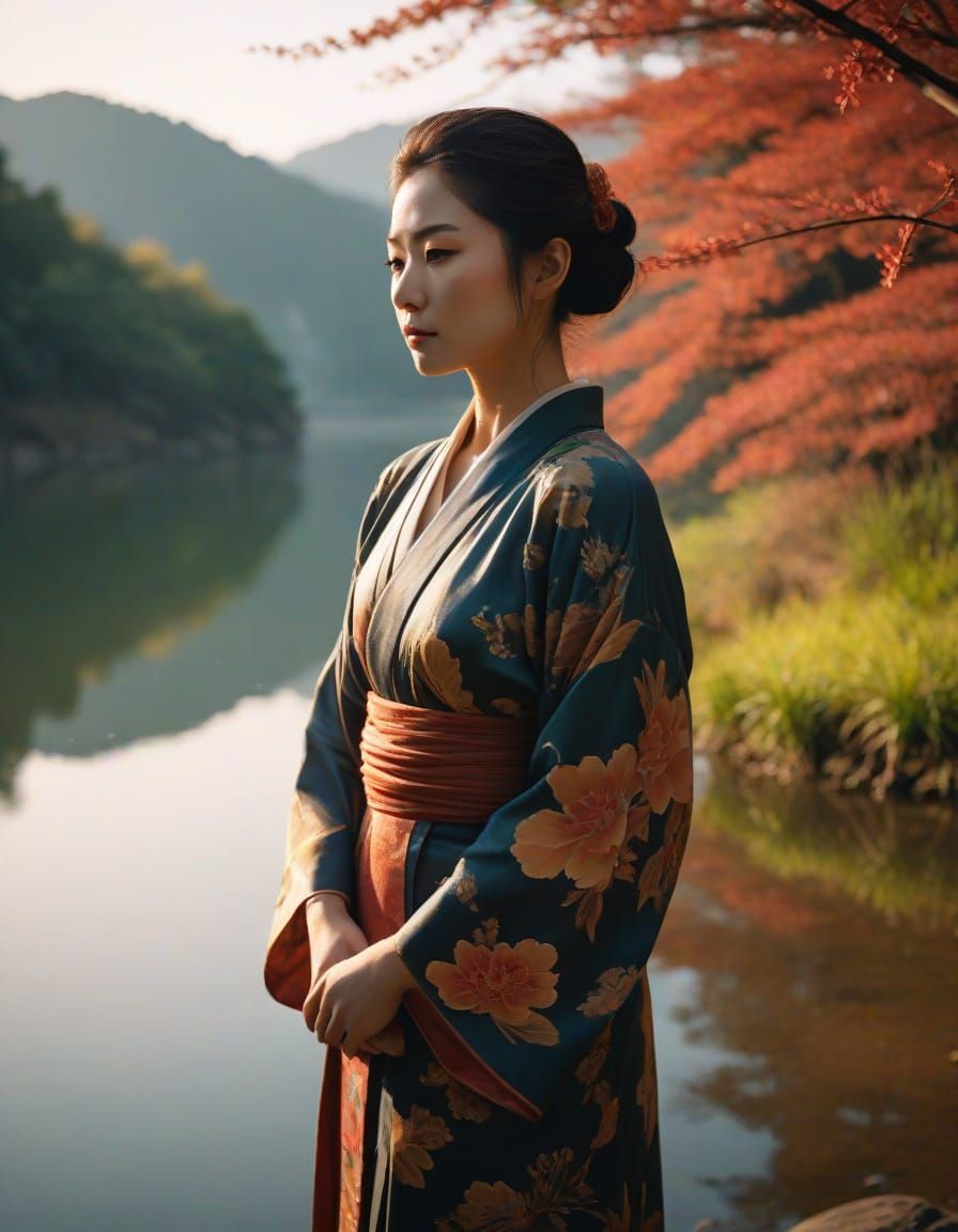 Shaolin Kimono by Lake: Cinematic Film Still