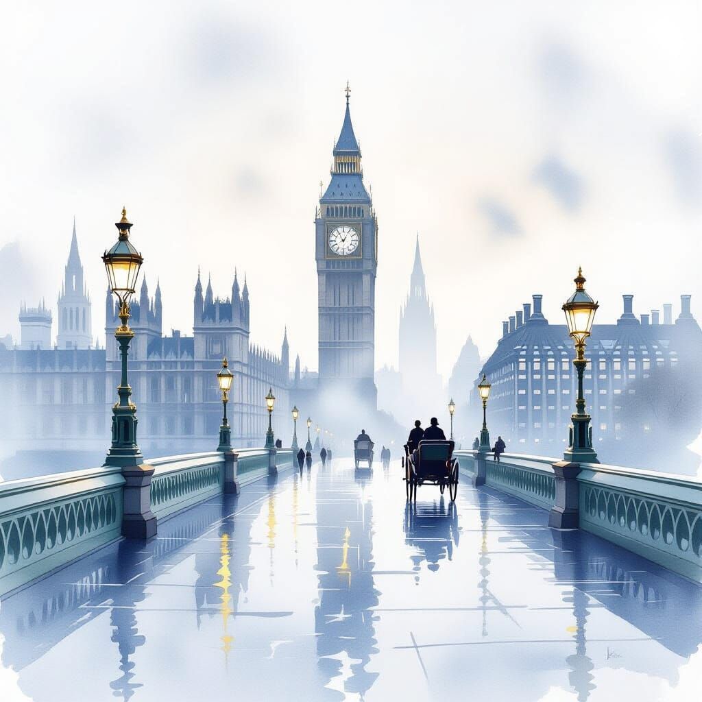 Ethereal Watercolor of Westminster Bridge Foggy Morning