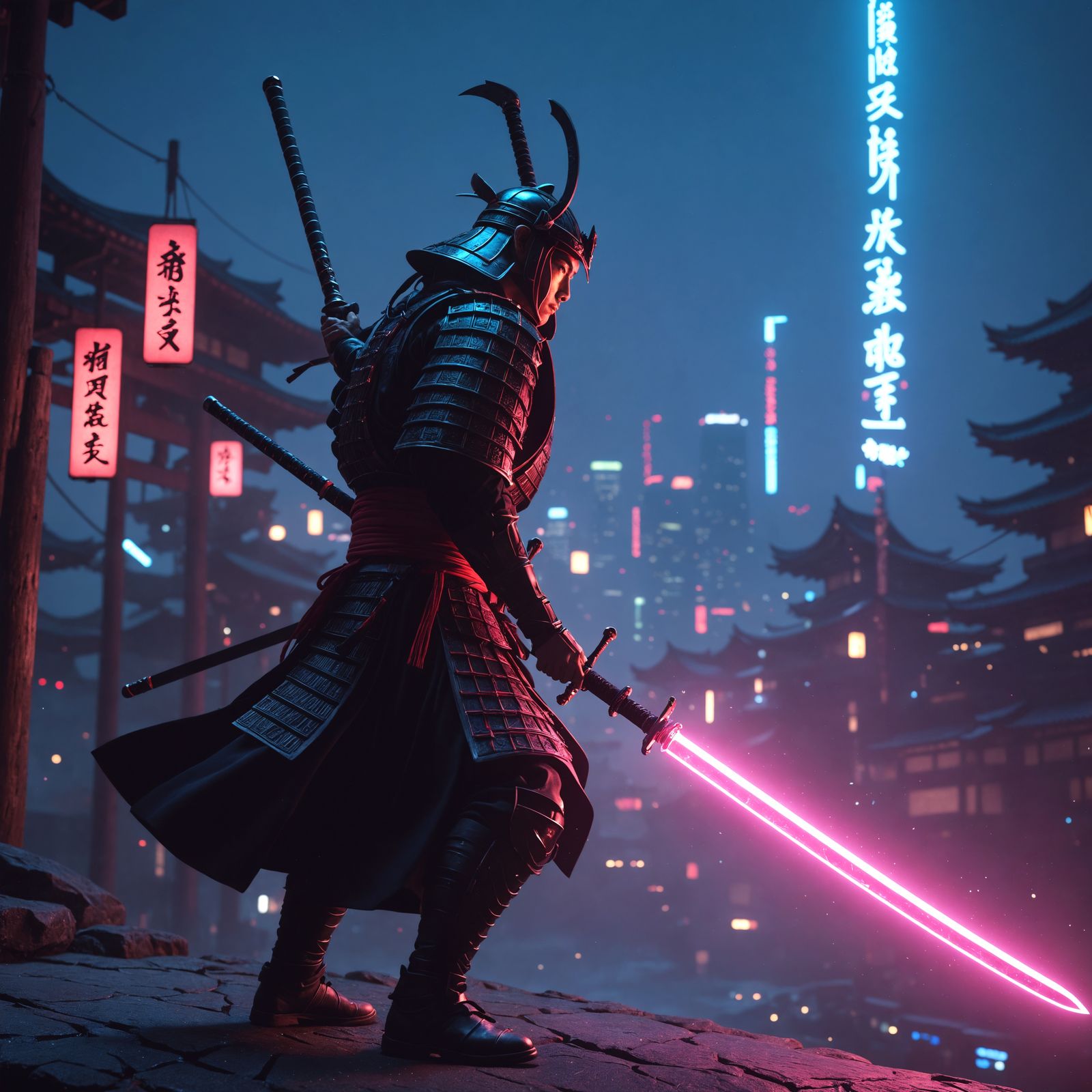 Cyberpunk Samurai Unleashes Neon Energy Blade