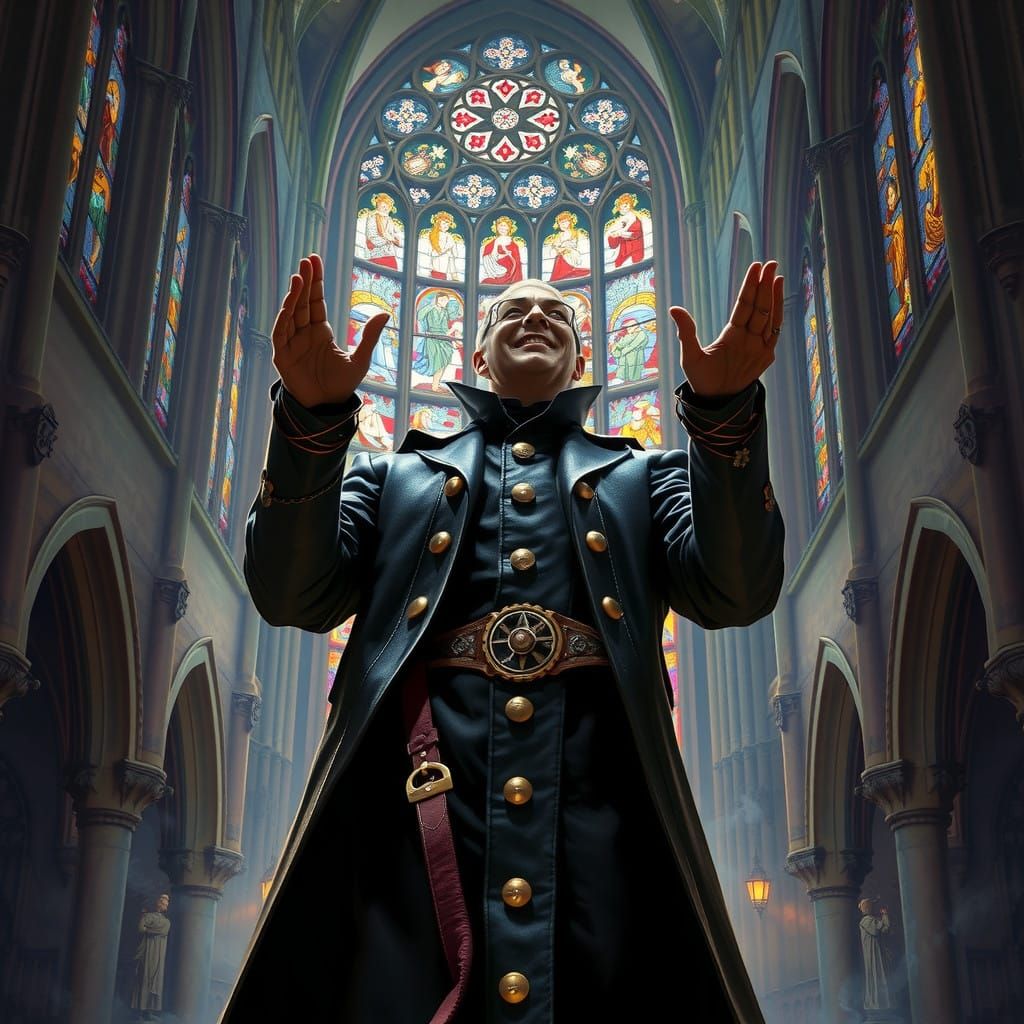 Steampunk Sorcerer in a Gothic Cathedral, Hyperrealistic Oil...