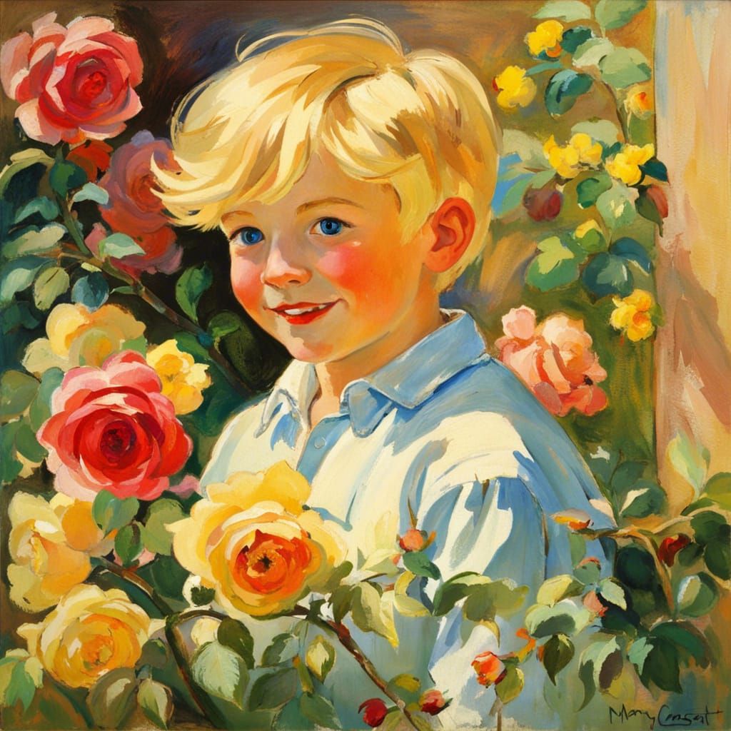 Medieval Boy in Rose Garden: Impressionistic Style