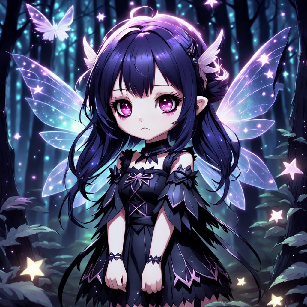 Chibi Anime Goth Fairy Girl in Dark Forest