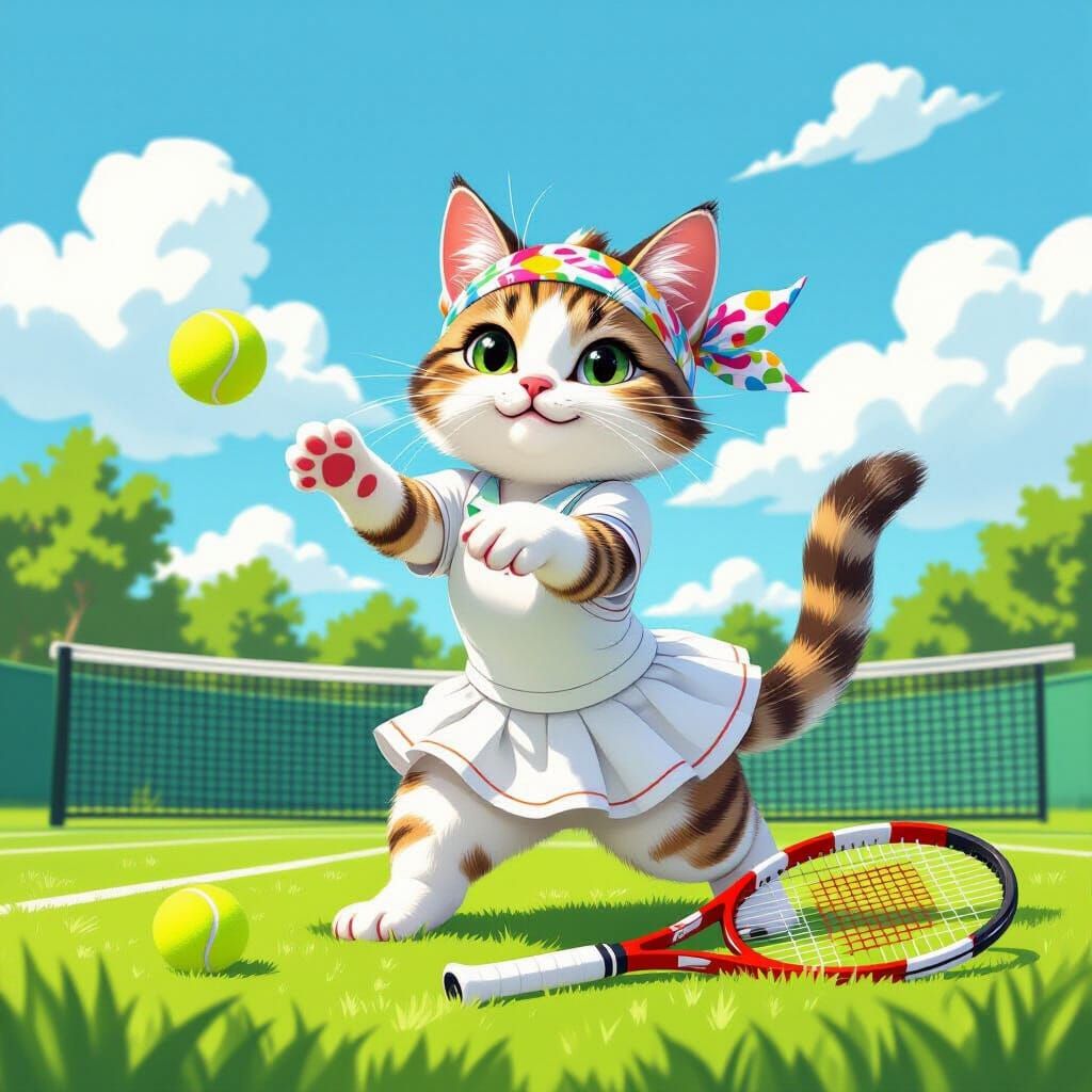 Cat Plays Tennis: Stylized Whimsical Illustration